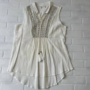 Altar'd State White Beaded Muslin Cotton Vneck Collar Sleeveless Top-sz L